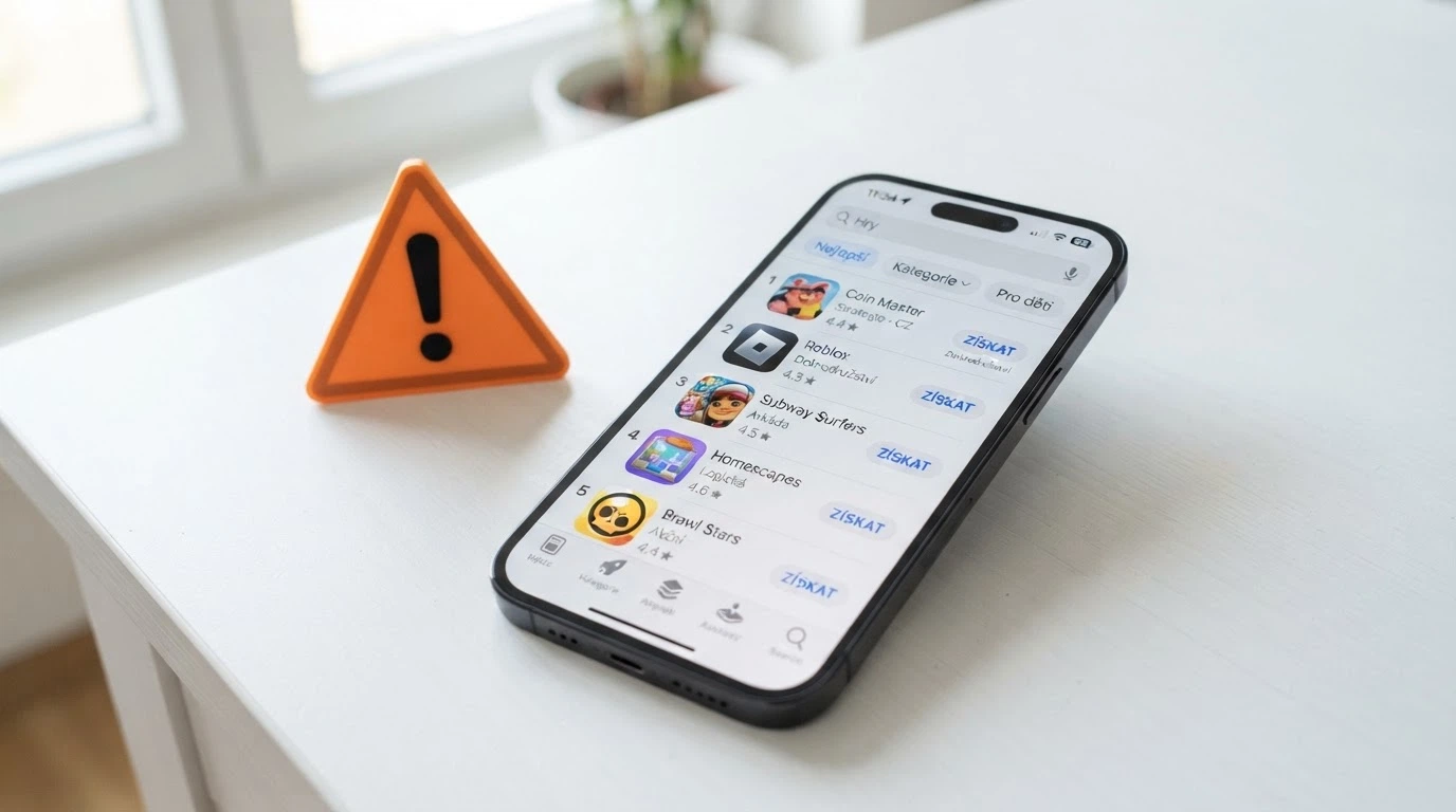 Telefon s Androidem a otevřenou stránkou Google Play, vedle něj varovný symbol u staženého APK z neznámého zdroje