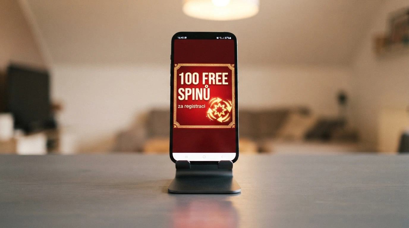 Propagační vizuál uvítacího balíčku — free spiny a bonusové prostředky s textem „100 FREE SPINŮ“
