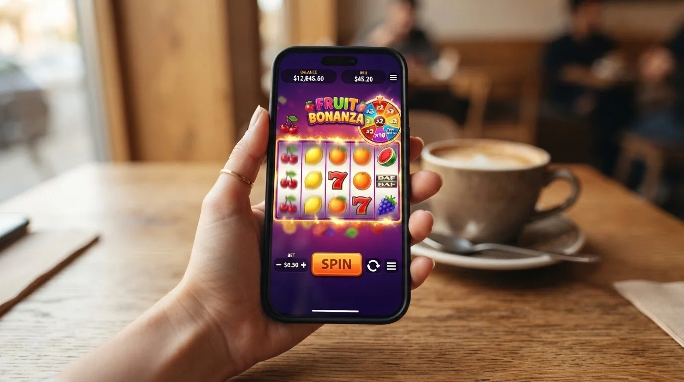 Chytrý telefon s rozjetým automatem Apollo Games na displeji, v ruce hráče, okolní prostředí rozmazané