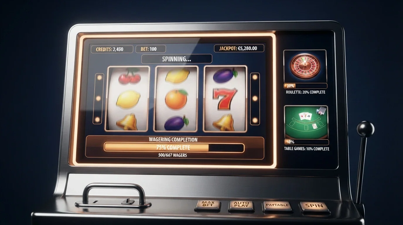 Roztočený výherní automat na obrazovce s ukazatelem průběhu protočení — vedle něj malé grafy znázorňující příspěvek rulety (20 %) a blackjacku (10 %)