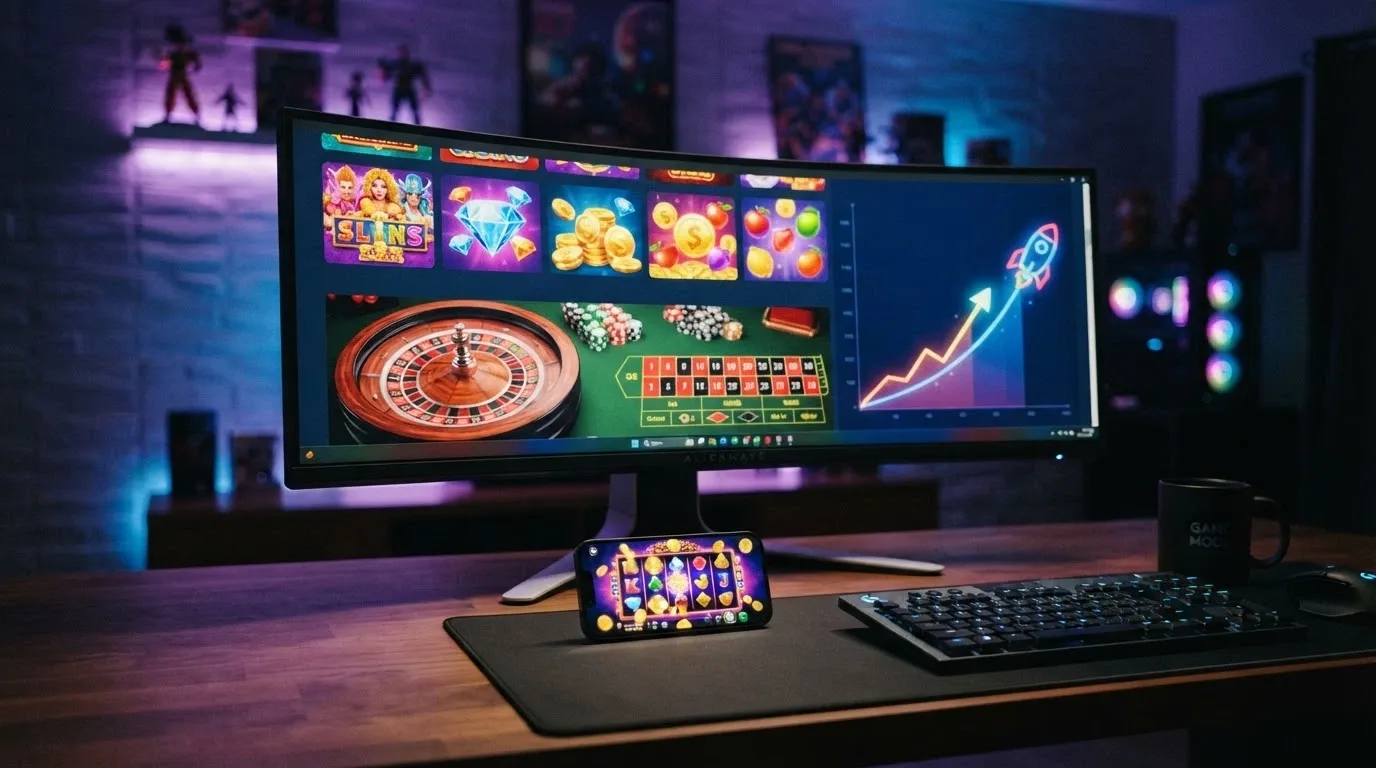 Rozložení herní knihovny krypto casina — dlaždice automatů, live rulety a crash hry, v rohu logo Evolution a Pragmatic Play