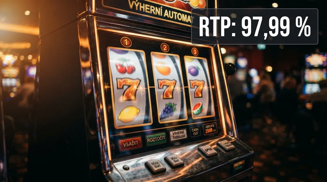 Roztočené válce automatu s průhledným překryvem zobrazujícím číslo RTP 97,99 %