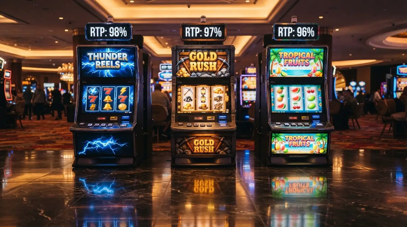Tři výherní automaty vedle sebe — Lightning Spell, Ruda a Spina Colada — s vyznačenou hodnotou RTP u každého z nich