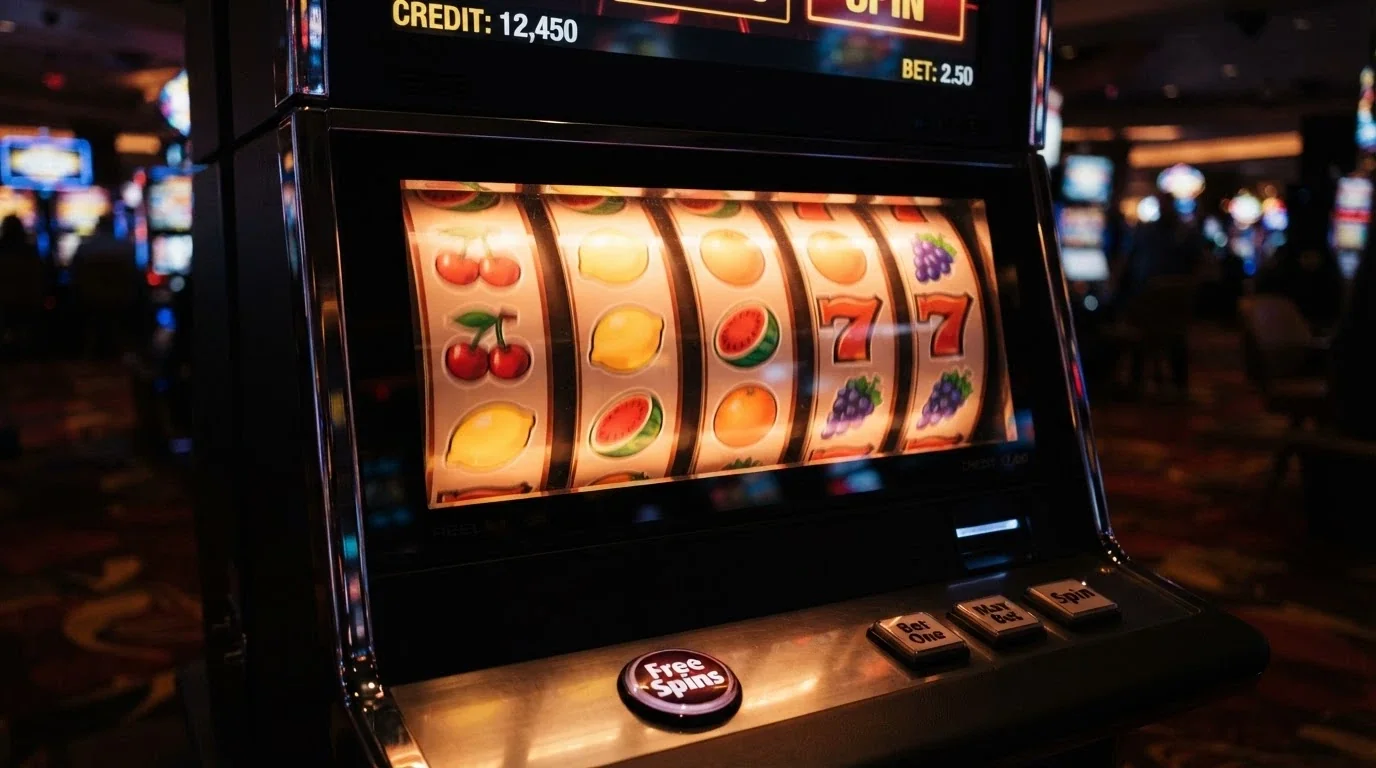 Detail výherního automatu s pěti válci a ovocnými symboly, v popředí tlačítko s nápisem Free Spins, barevné osvětlení typické pro online slot
