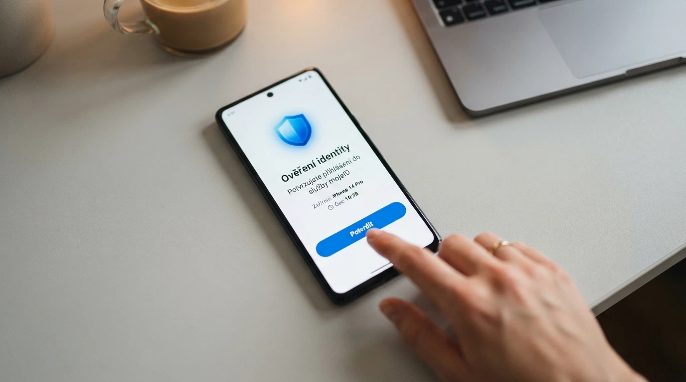 Obrazovka telefonu s rozhraním Bankovní identity během ověřování, v pozadí logo licencovaného kasina