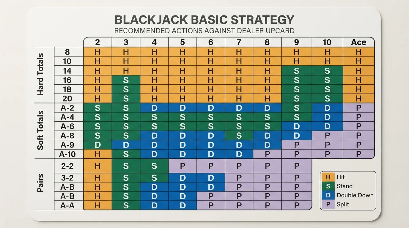 Barevně zvýrazněná tabulka základní strategie — řádky podle součtu ruky, sloupce podle karty krupiéra, pole označená H (hit), S (stand), D (double), P (split)