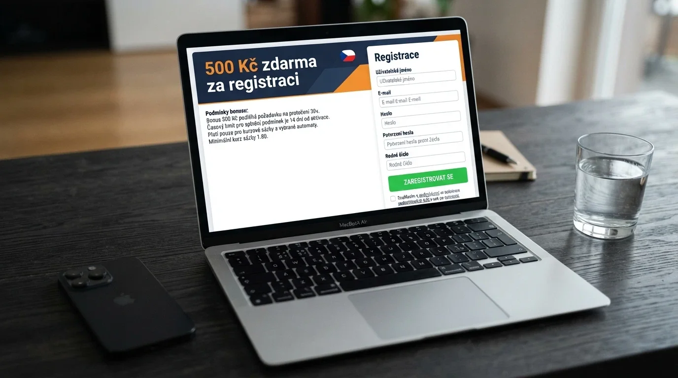 Detail registrační stránky českého online casina s nabídkou „500 Kč zdarma za registraci“ a podmínkami protočení