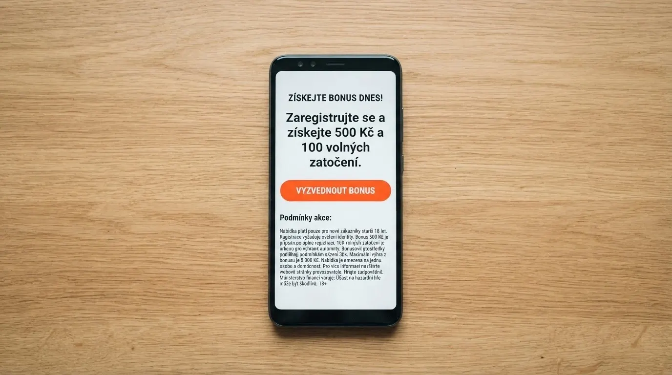Detail bonusové nabídky „bez vkladu“ s tlačítkem „získat bonus“ a drobným písmem podmínek