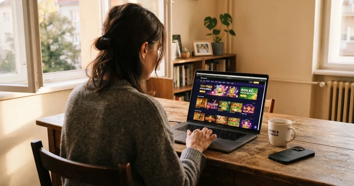 Český hráč u notebooku s otevřenou stránkou online casina, na obrazovce viditelné daily bonus nabídky a free spiny
