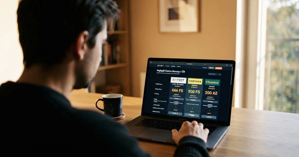 Hráč u počítače prohlížející srovnání bonusů online casina na obrazovce