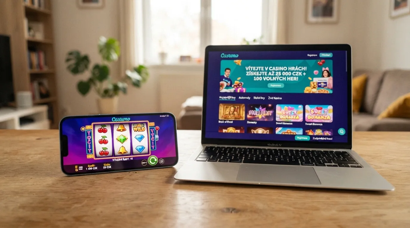 Mobilní telefon s otevřenou kasinovou aplikací a vedle stejné casino v prohlížeči — obě zobrazují nabídku bonusu bez vkladu