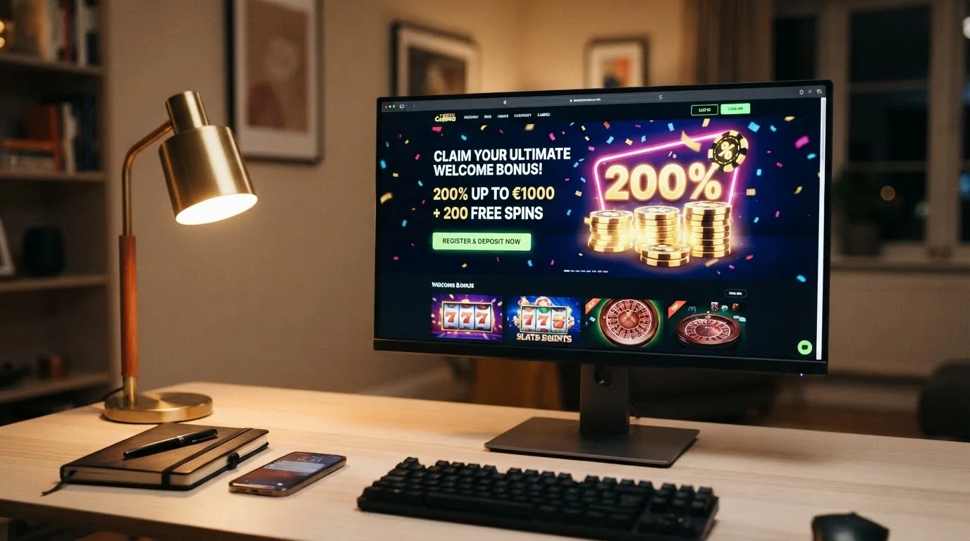 Uvítací bonusová nabídka online casina s Adell automaty zobrazená na monitoru počítače