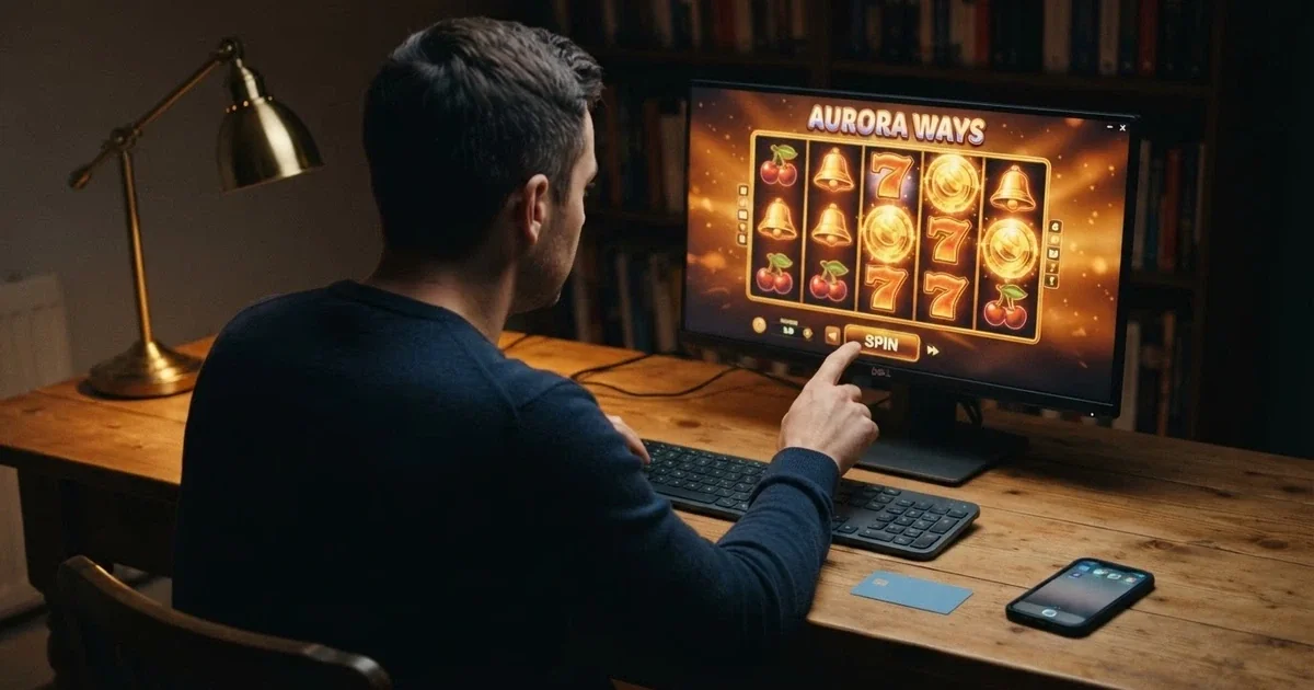 Hráč u počítače si prohlíží online casino na monitoru, vedle leží občanský průkaz a mobilní telefon s notifikací — scéna registrace