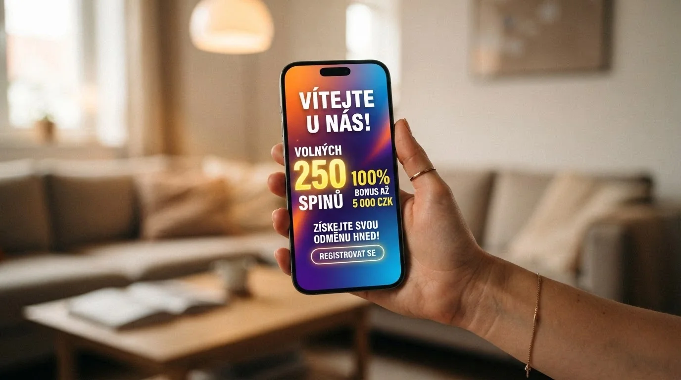 Mobilní telefon zobrazující uvítací nabídku casino aplikace s číslem free spinů a částkou bonusu