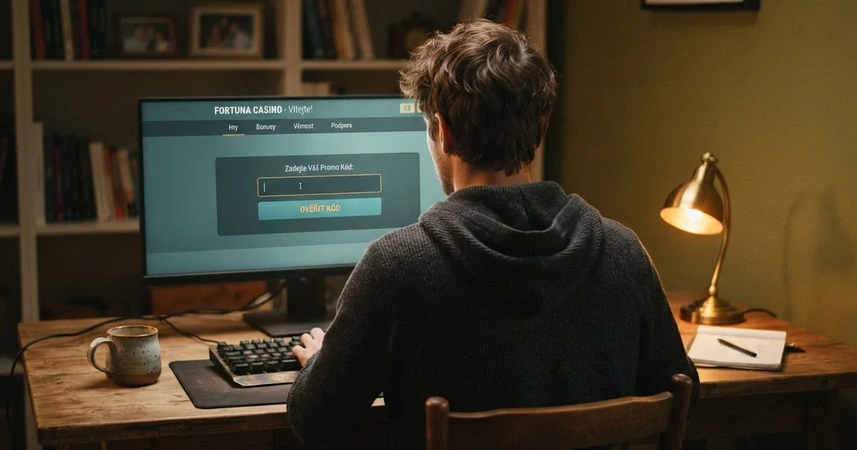 Hero obrázek: hráč u počítače zadávající promo kód do okna online casina, na pozadí logo licencovaného operátora