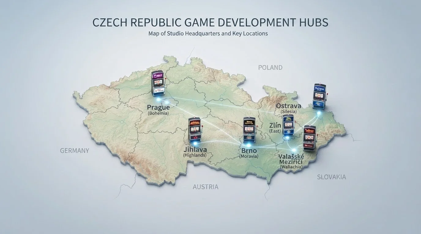 Mapa České republiky s vyznačenými sídly hlavních herních studií