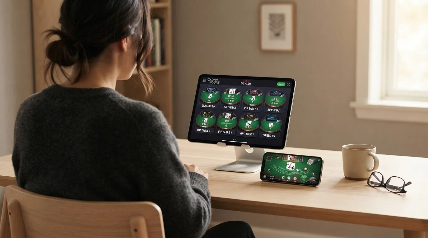 Koláž log deseti licencovaných českých online kasin seřazených vedle sebe, pod nimi ikony live blackjack stolů