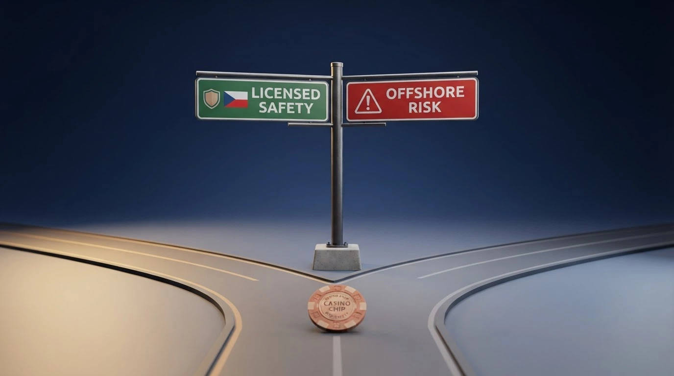 Rozcestník se dvěma směry — vlevo logo MF ČR a česká vlajka, vpravo varovný vykřičník a nápis offshore, uprostřed symbol koruny