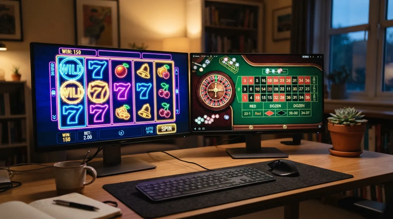 Roztočené válce online automatu od Synot Games na monitoru, v pozadí živý krupiér u rulety na druhém displeji