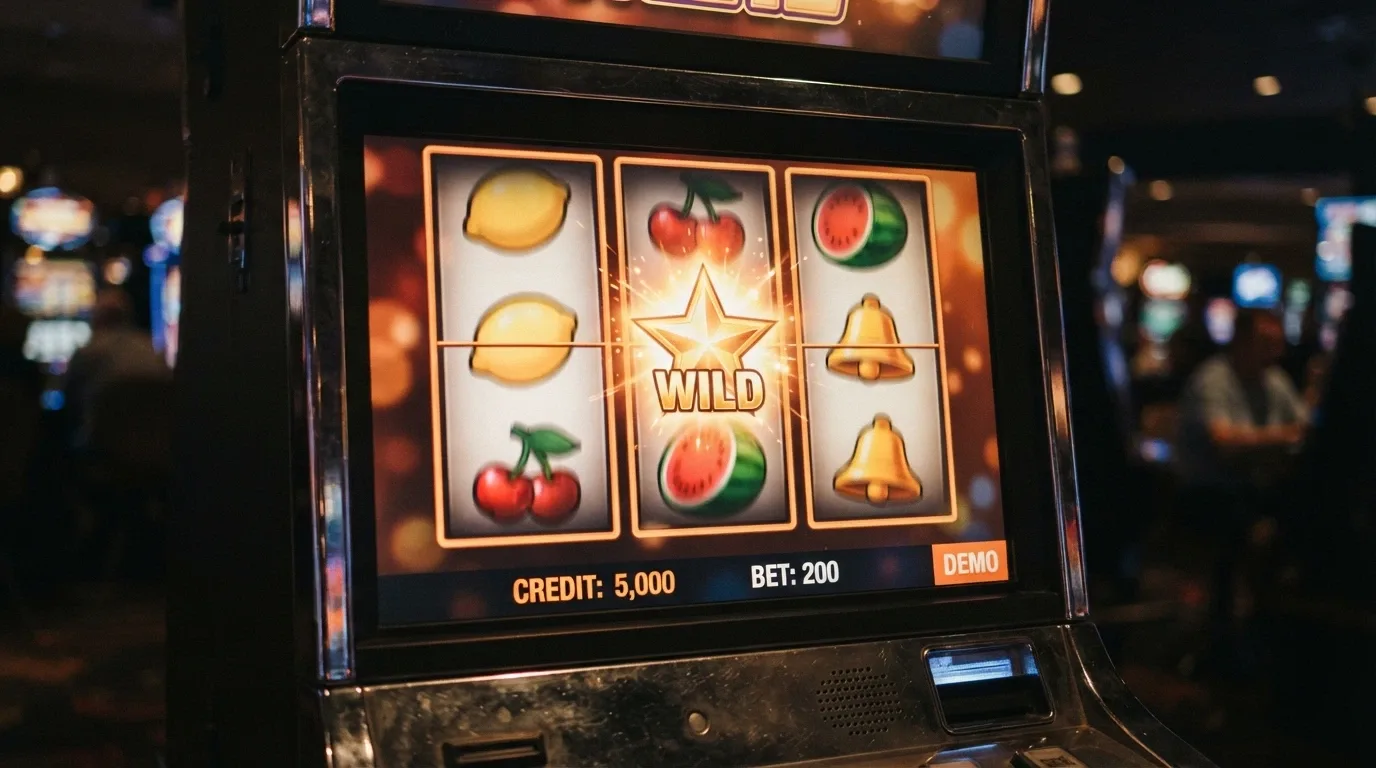 Roztočený automat v demo režimu s fiktivním kreditem a tlačítkem „hrát zdarma“