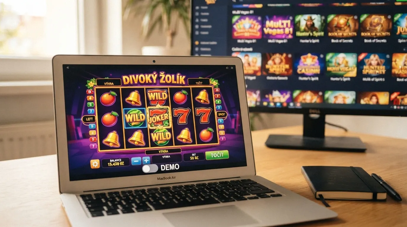 Rozhraní online casina, kde je u automatu přepnutý přepínač na Demo režim — v pozadí vidět herní lobby