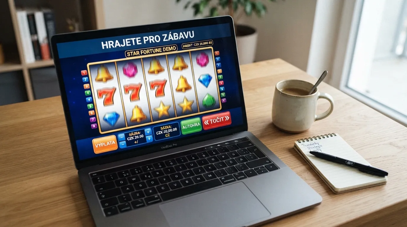 Ukázka demo režimu online automatu s virtuálním kreditem 10 000 Kč a nápisem „hrajete pro zábavu“