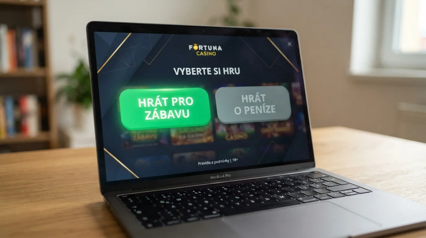 Detail tlačítka „Hrát pro zábavu“ vedle tlačítka „Hrát o peníze“ na stránce online kasina
