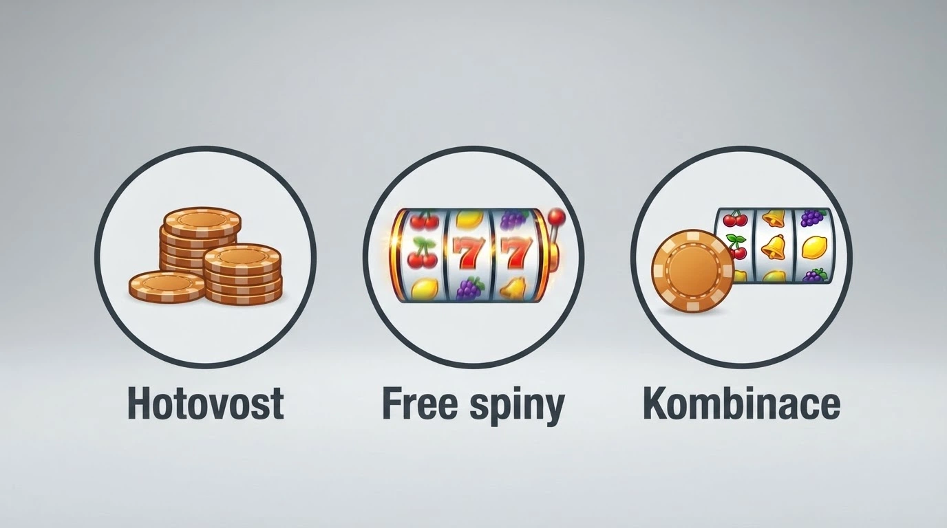 Tři kruhové infografiky vedle sebe: první ukazuje hromádku mincí s popiskem 300 Kč, druhá rotující slot s popiskem 666 FS, třetí obojí dohromady — mince i slot