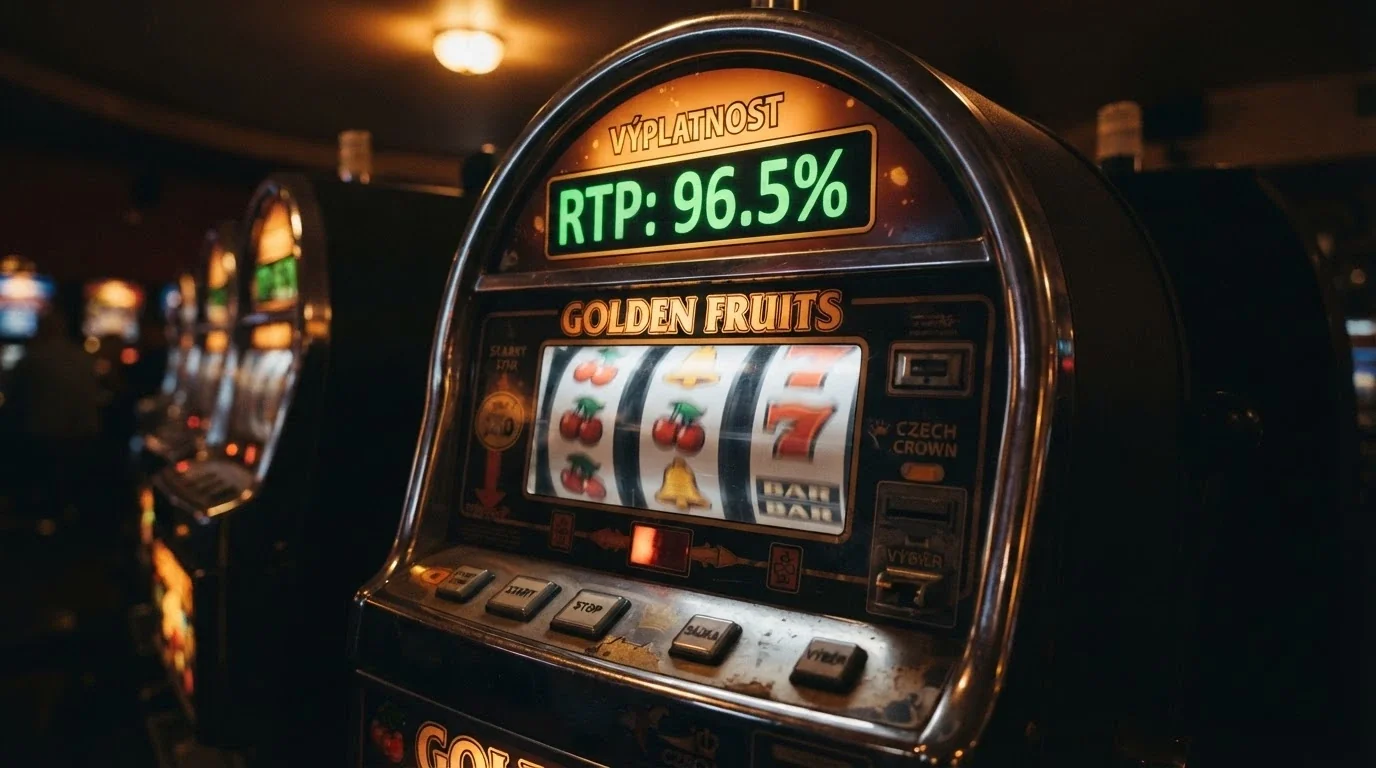 Hrací automat s roztočenými válci, na informačním panelu zvýrazněná hodnota RTP