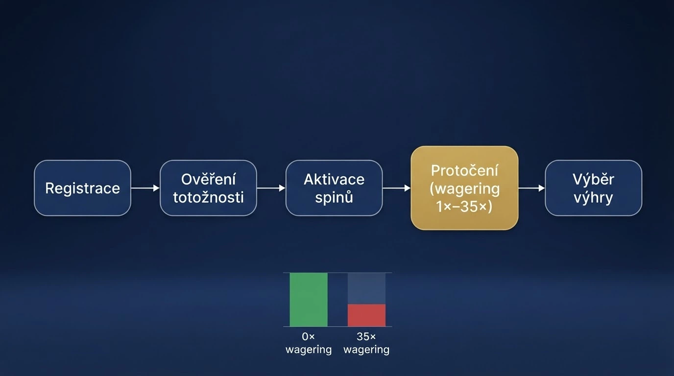 Diagram znázorňující proces od registrace přes aktivaci free spinů až po splnění podmínek protočení a výběr výhry
