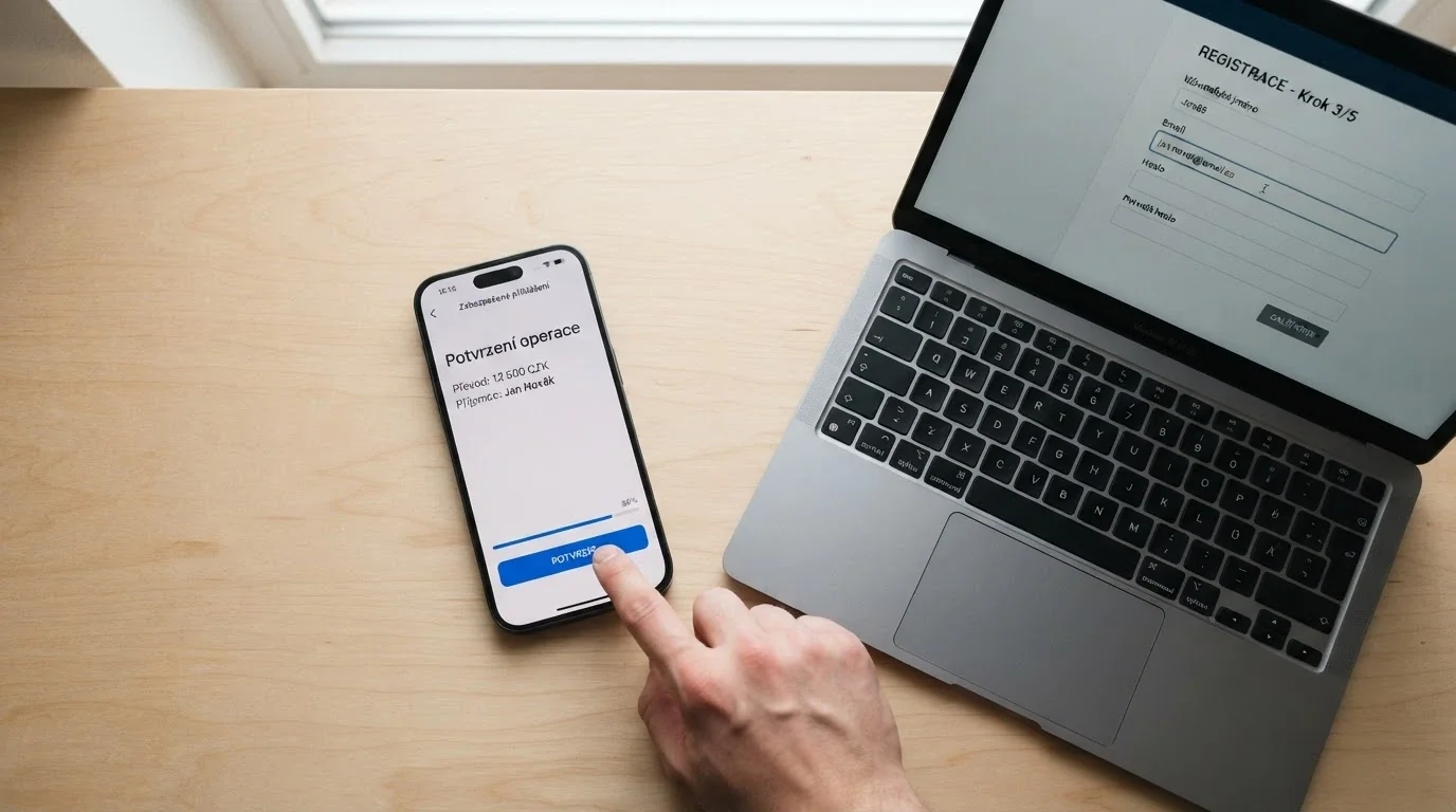 Obrazovka s rozhraním Bank ID registrace, pole pro přihlášení do banky, vedle mobil s potvrzovací notifikací