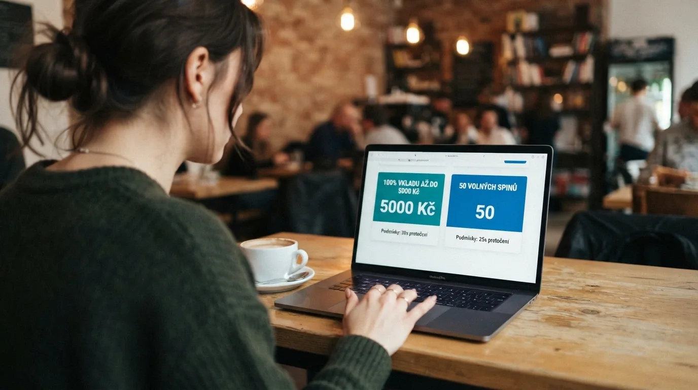 Hráč u stolu s otevřeným notebookem, vedle šálek kávy — na obrazovce porovnání dvou bonusových nabídek se zvýrazněnými podmínkami protočení