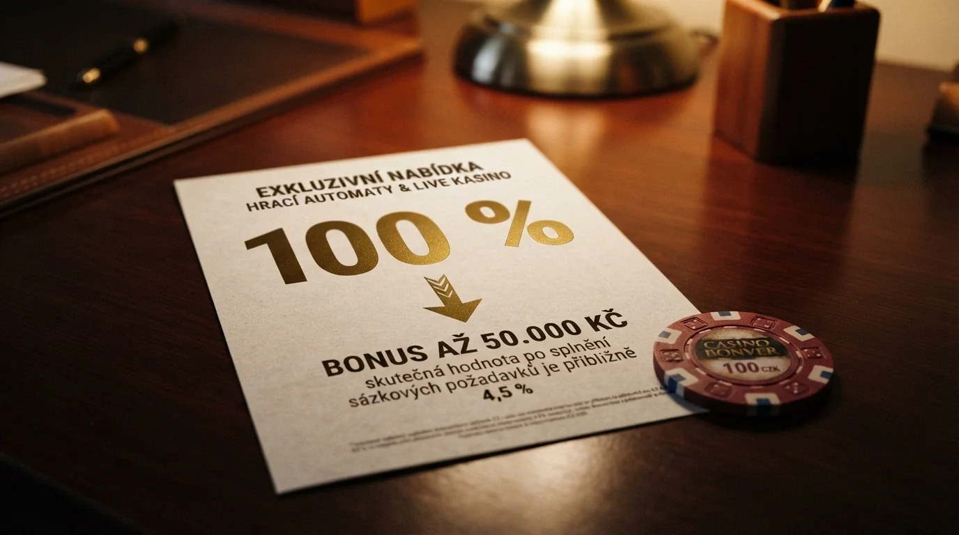 Detail uvítacího bonusu — cifra 100 % se šipkou k menší částce po započtení wageru x35