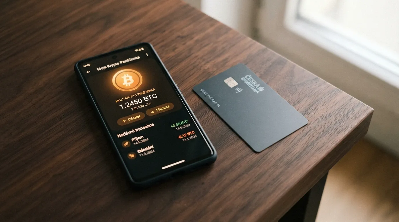 Mobilní telefon s otevřenou bitcoinovou peněženkou, vedle něj leží platební karta — kontrast digitální a tradiční platby