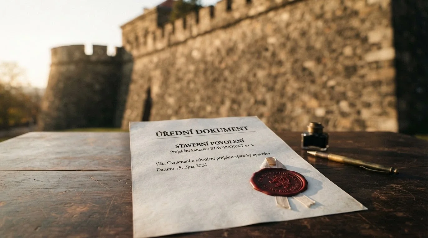 Úřední dokument s razítkem Ministerstva financí ČR vedle pevnostní zdi symbolizující ochranu hráče