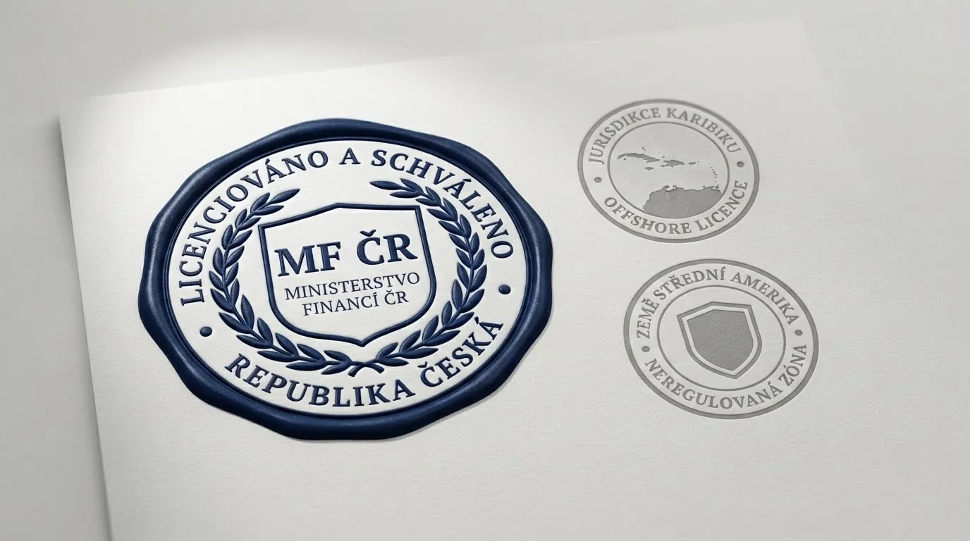 Úřední dokument nebo pečeť s logem MF ČR vedle symbolů zahraničních licencí MGA a Curaçao