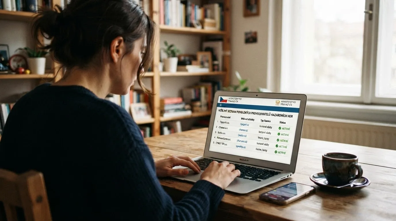 Úřední dokument s razítkem Ministerstva financí ČR vedle loga licencovaného online kasina na monitoru