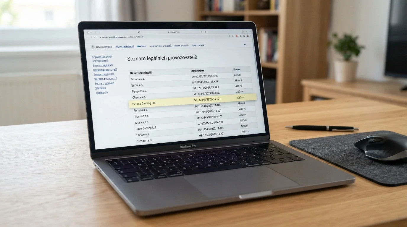 Výřez z webu Ministerstva financí ČR se Seznamem legálních provozovatelů hazardních her a zvýrazněným licenčním číslem