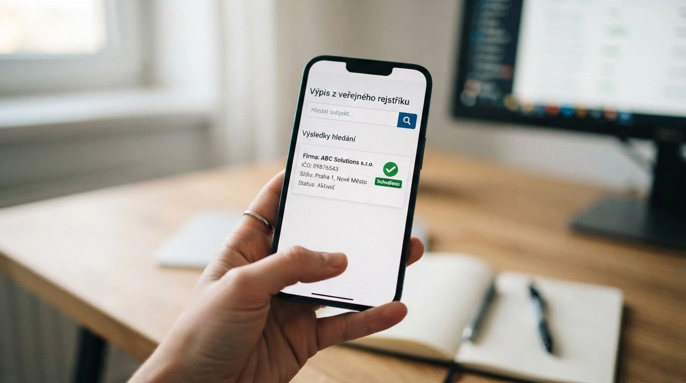 Displej s vyhledáváním v registru MF ČR na mobilu, vedle logo Ministerstva financí