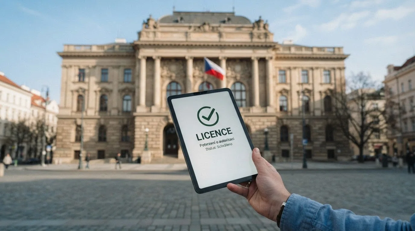 Úřední budova Ministerstva financí ČR s českou vlajkou, v popředí tablet zobrazující veřejný rejstřík licencí s logem MF ČR