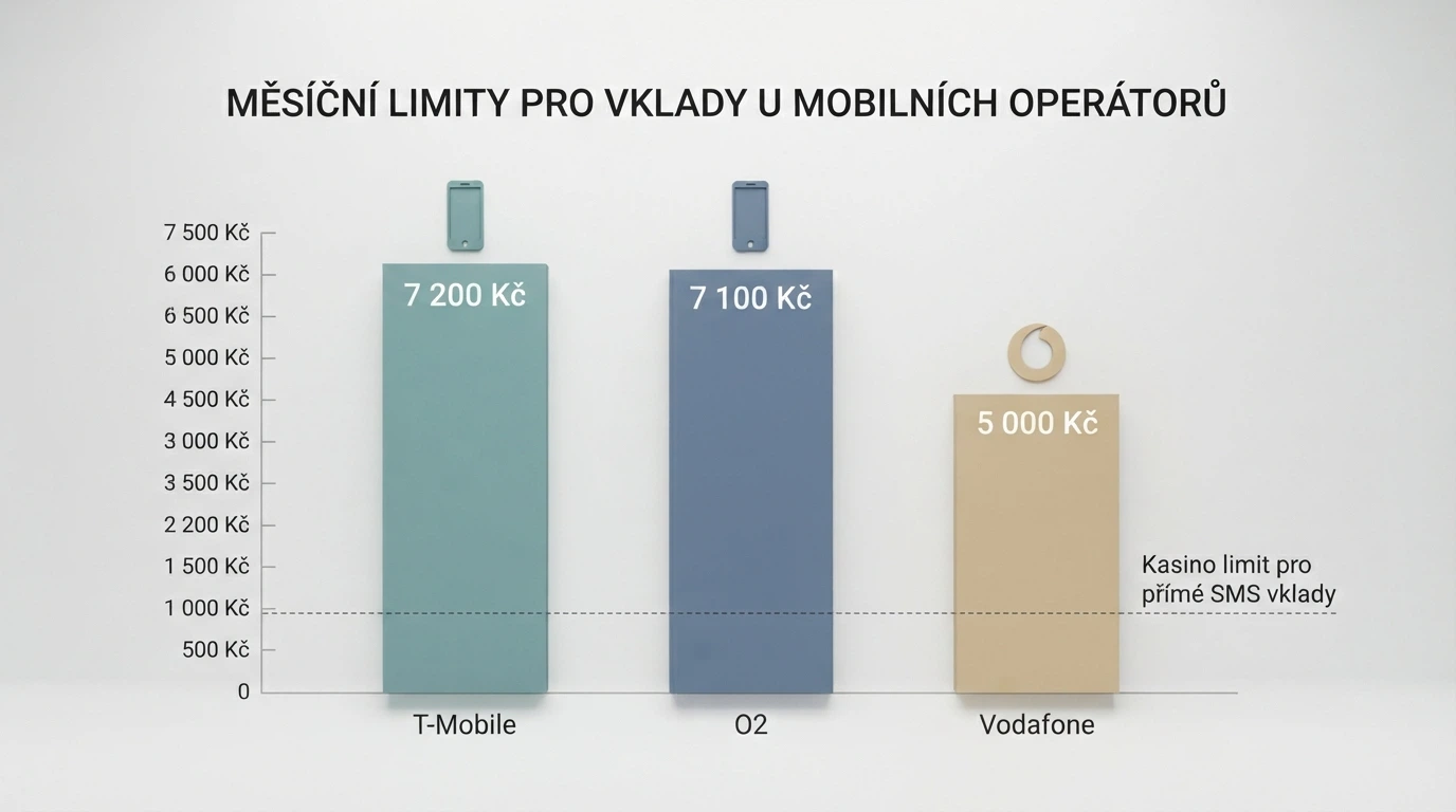 Přehledná infografika limitů — tři sloupce pro O2, Vodafone a T-Mobile s hodnotami pro jednu transakci, měsíc a rok