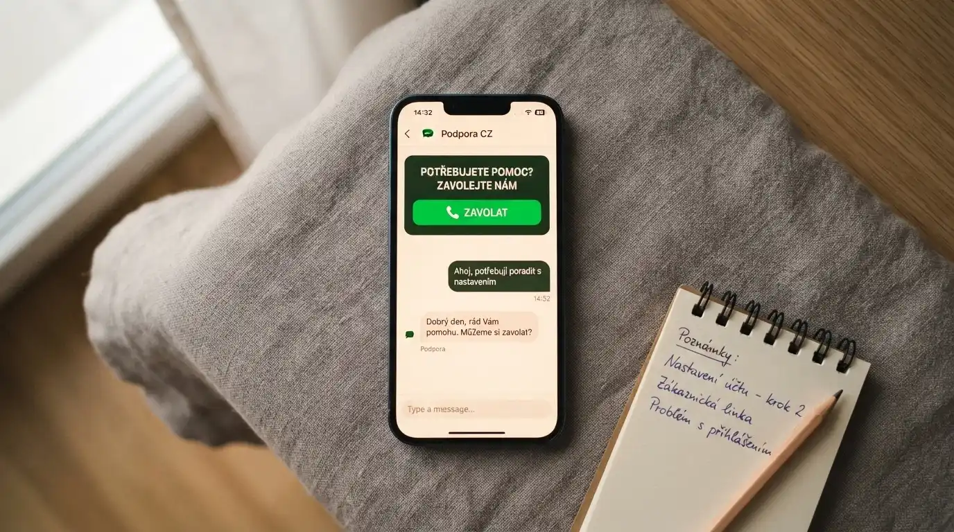 Telefon s vytočeným číslem linky pomoci a otevřeným chatovým oknem s logem Zodpovědné hraní