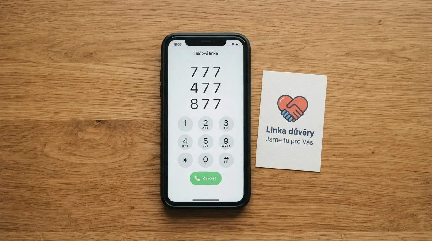 Telefon s vytočeným číslem 777 477 877 na displeji, vedle logo Linky pomoci (Naberte kurz / Podané ruce)