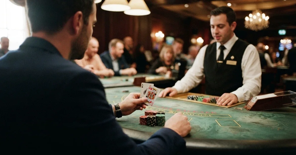Hráč u živého blackjackového stolu s krupiérem, v ruce dvě karty — eso a král, na stole žetony v českých korunách