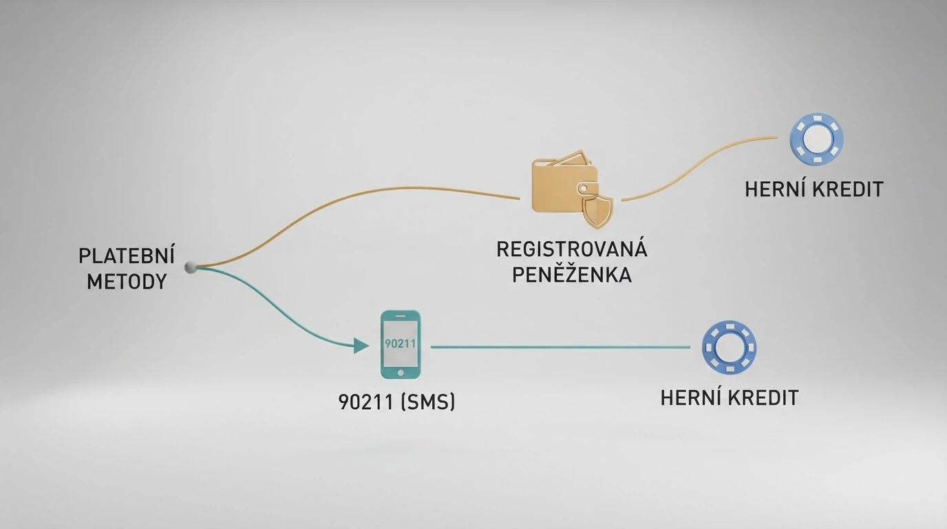Schéma dvou cest SMS vkladu — vlevo přímá M-platba přes SMS na 90211, vpravo NeteraPay peněženka s mezistupněm ověření