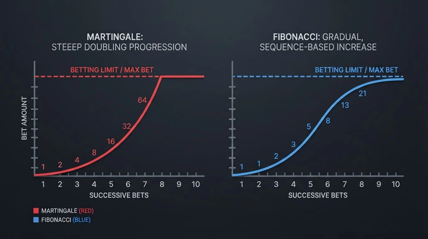 Graf porovnávající průběh sázek u systémů Martingale a Fibonacci — exponenciální růst vs. pozvolnější progrese