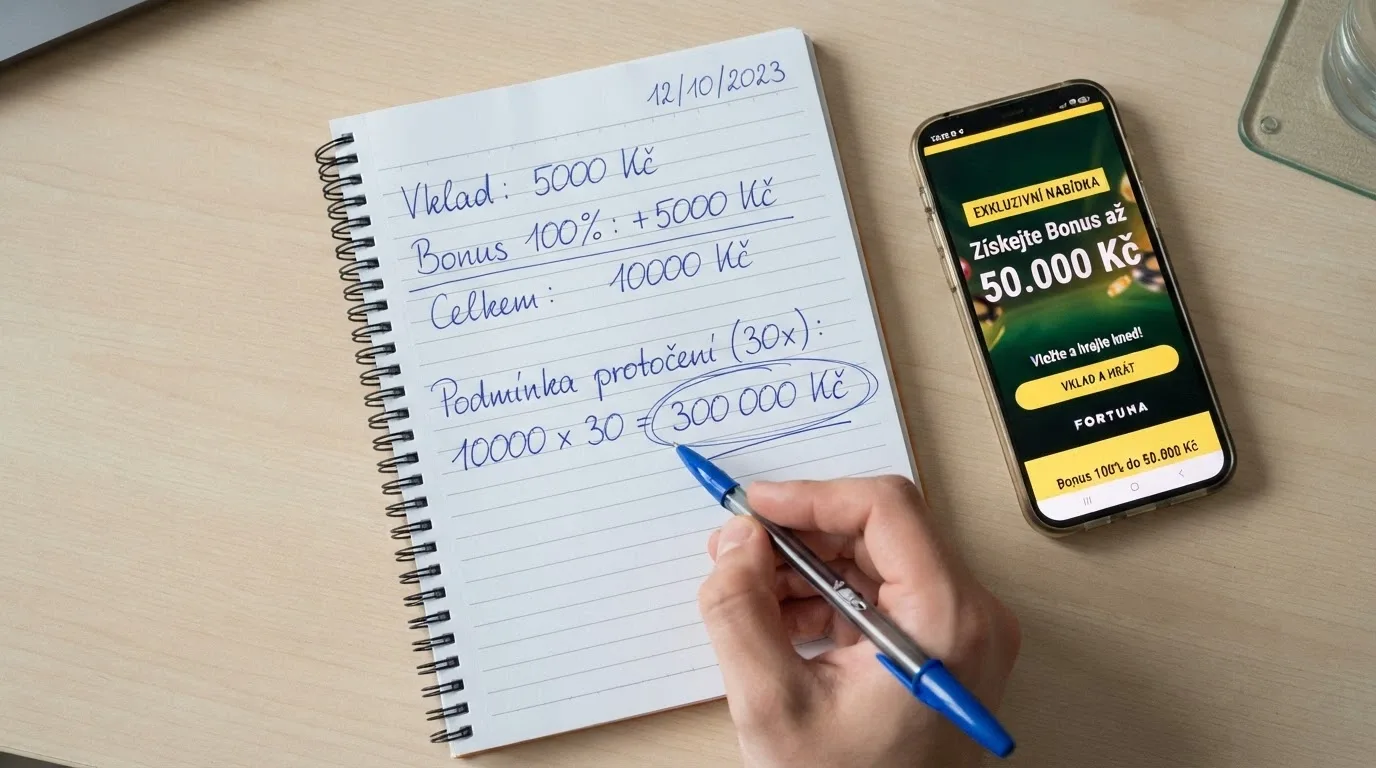 Kalkulačka vedle bonusové nabídky — na displeji výpočet: bonus × protočení × (1 − RTP)