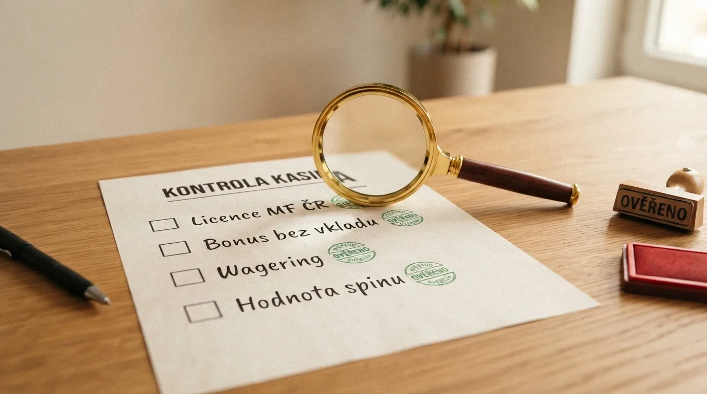 Lupa nad seznamem kritérií — licence, bonus, wagering, hodnota spinu — s razítkem Ověřeno vedle každého splněného bodu