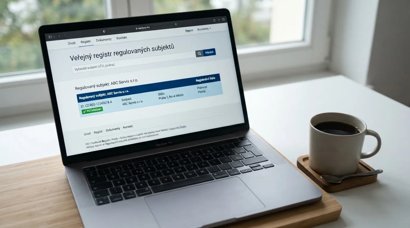 Ukázka veřejného registru MFČR s vyhledanou licencí — obrazovka počítače s detailem licence