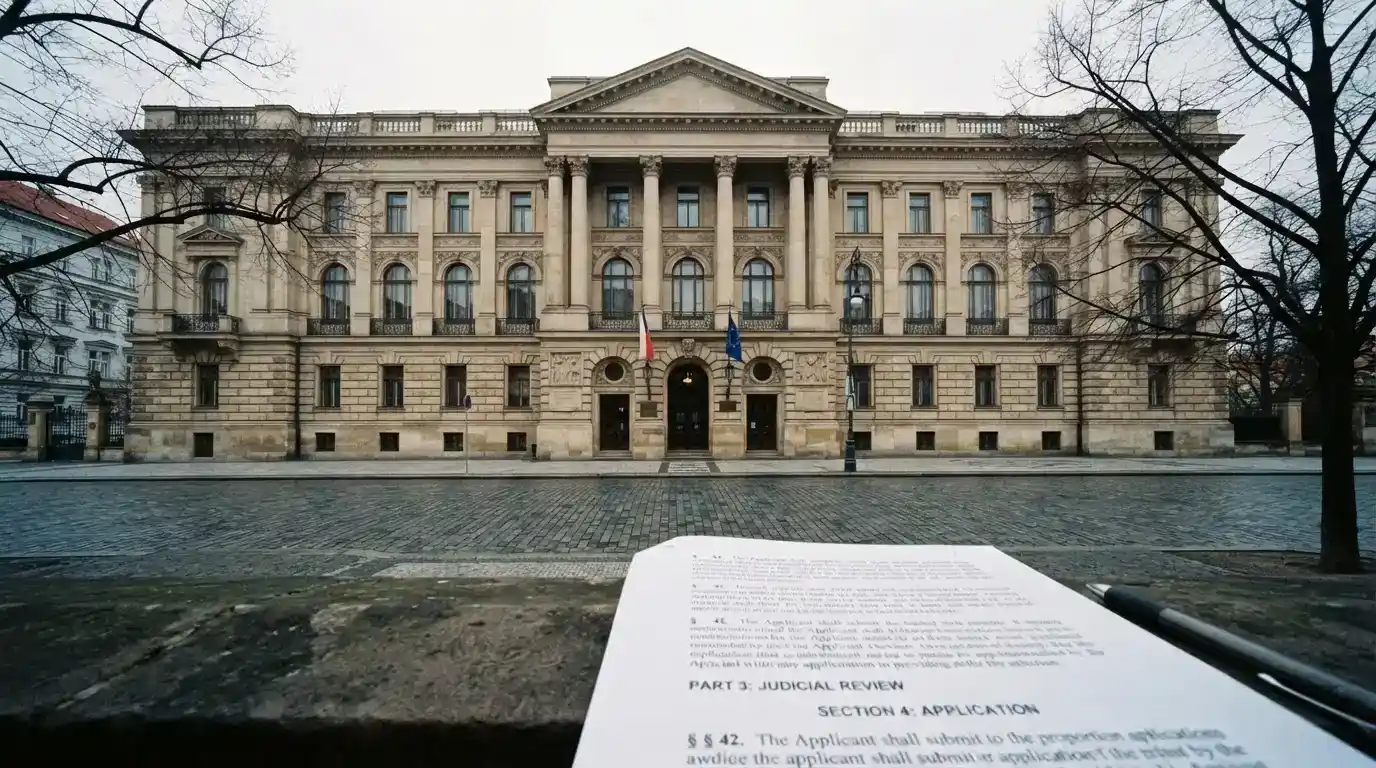 Budova Ministerstva financí ČR v Praze, v popředí paragraf s textem zákona o hazardních hrách